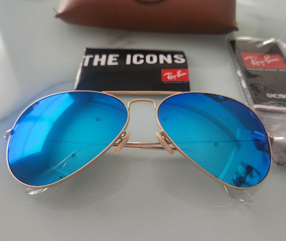 RAY-BAN RB3025 Aviator Gold Metal Frame Blue Mirror Lenses 58mm size - Picture 7 of 9